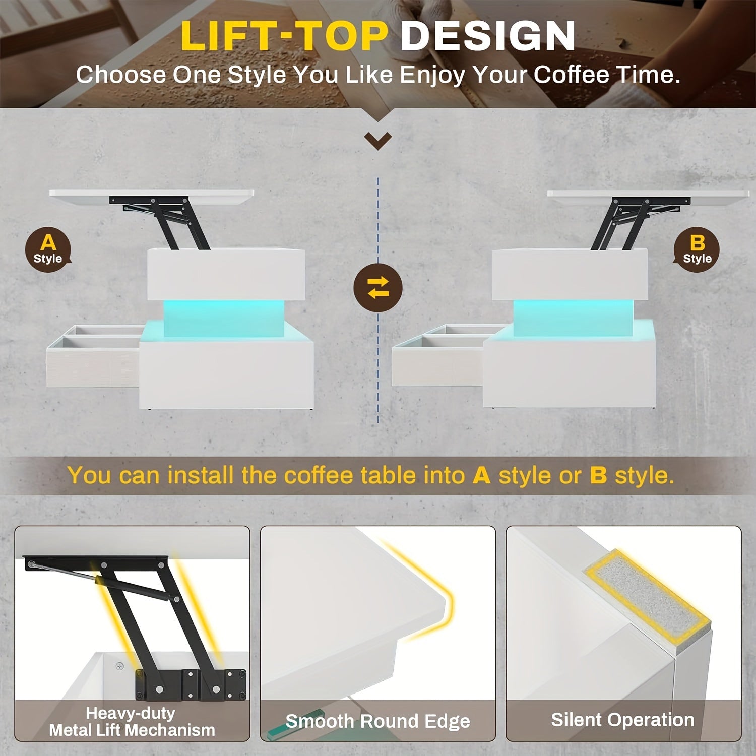 40" Lift Top Coffee Table With Storage And LED Light