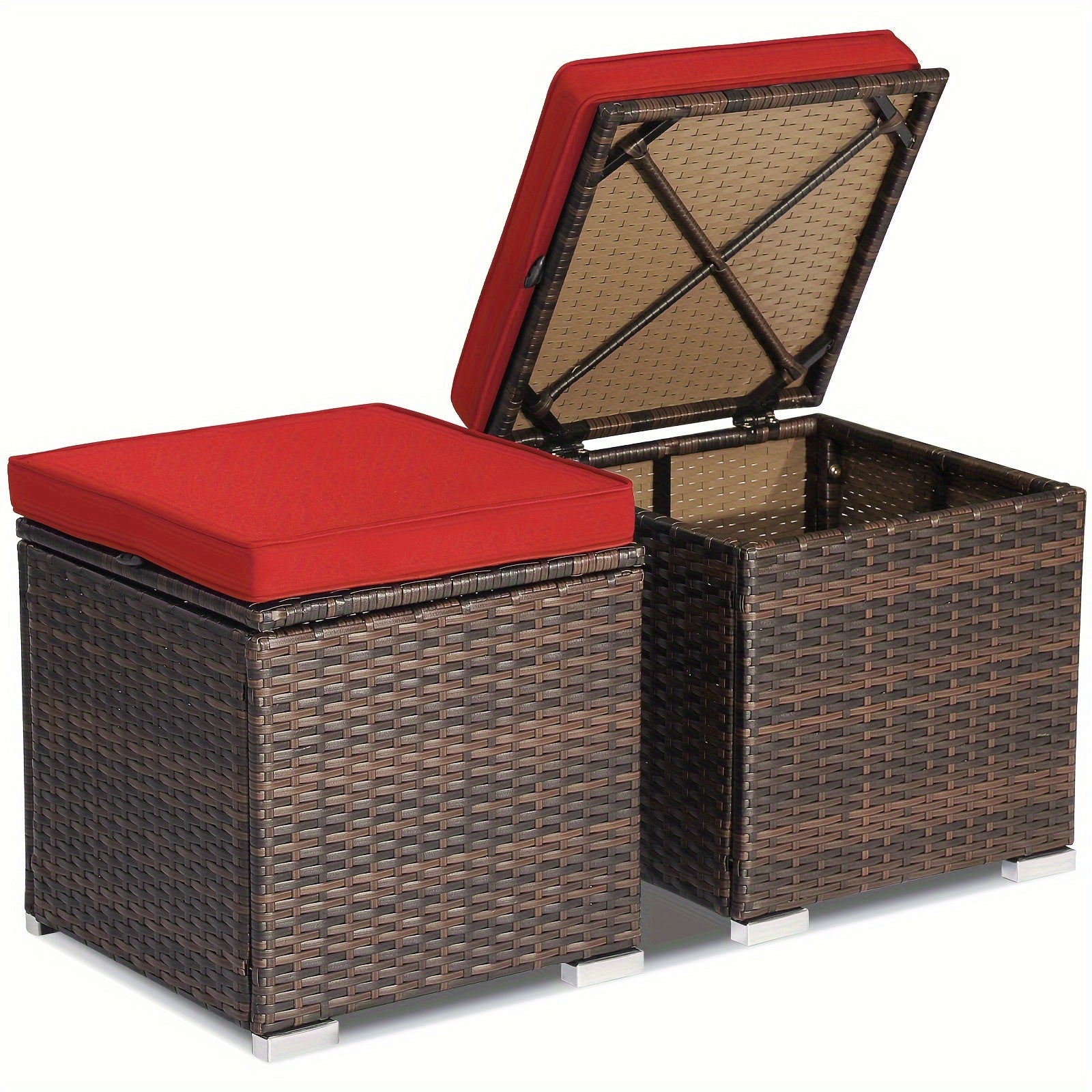 2PCS Patio Rattan Ottomans Seat Side Table Storage Box