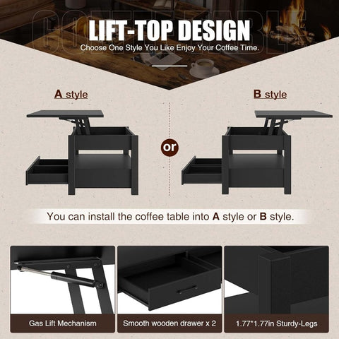 Coffee Table, 47.2" Lift Top Coffee Table with Drawers and Hidden Compartment