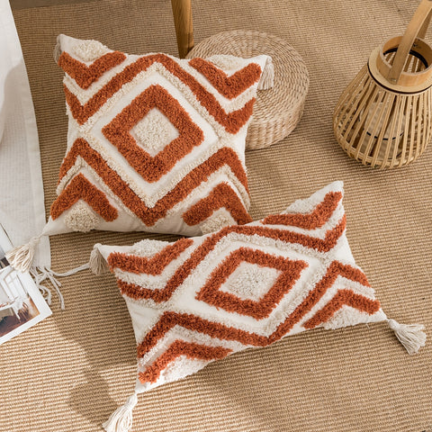 1 Vintage-Inspired Orange & White Geometric Tufted Pillow Cover