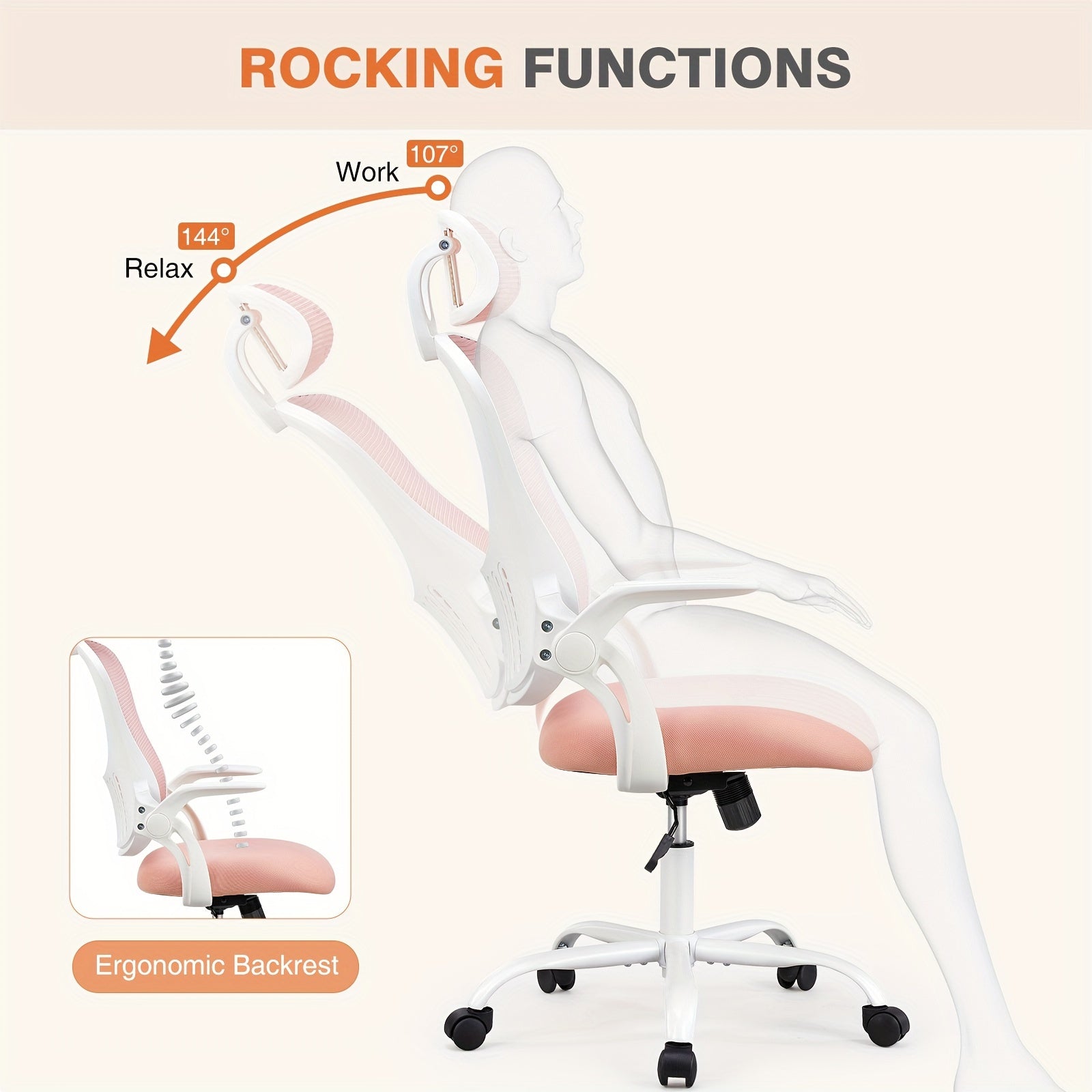 OLIXIS Ergonomic Office Desk Computer Chair, High Back Comfy Swivel Home Gaming Mesh Chairs with Wheels, Adjustable Headrest, Comfortable Lumbar Support, Flip-up Arms, 144° Tilt for Study