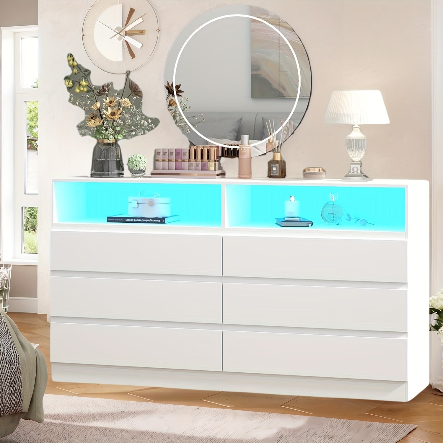 9 Drawers Vanity Desk With Power Outlet & Lights