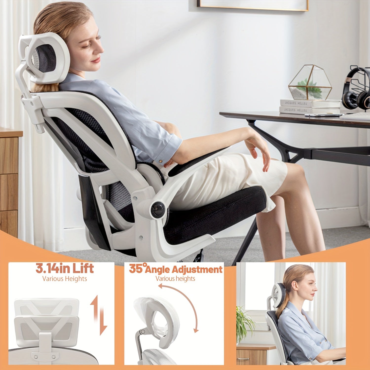 High Back Mesh XUEGW Ergonomic Office Chair - Adjustable Lumbar Support Computer Chair with Flip-up Arms for Work, Study, Gaming