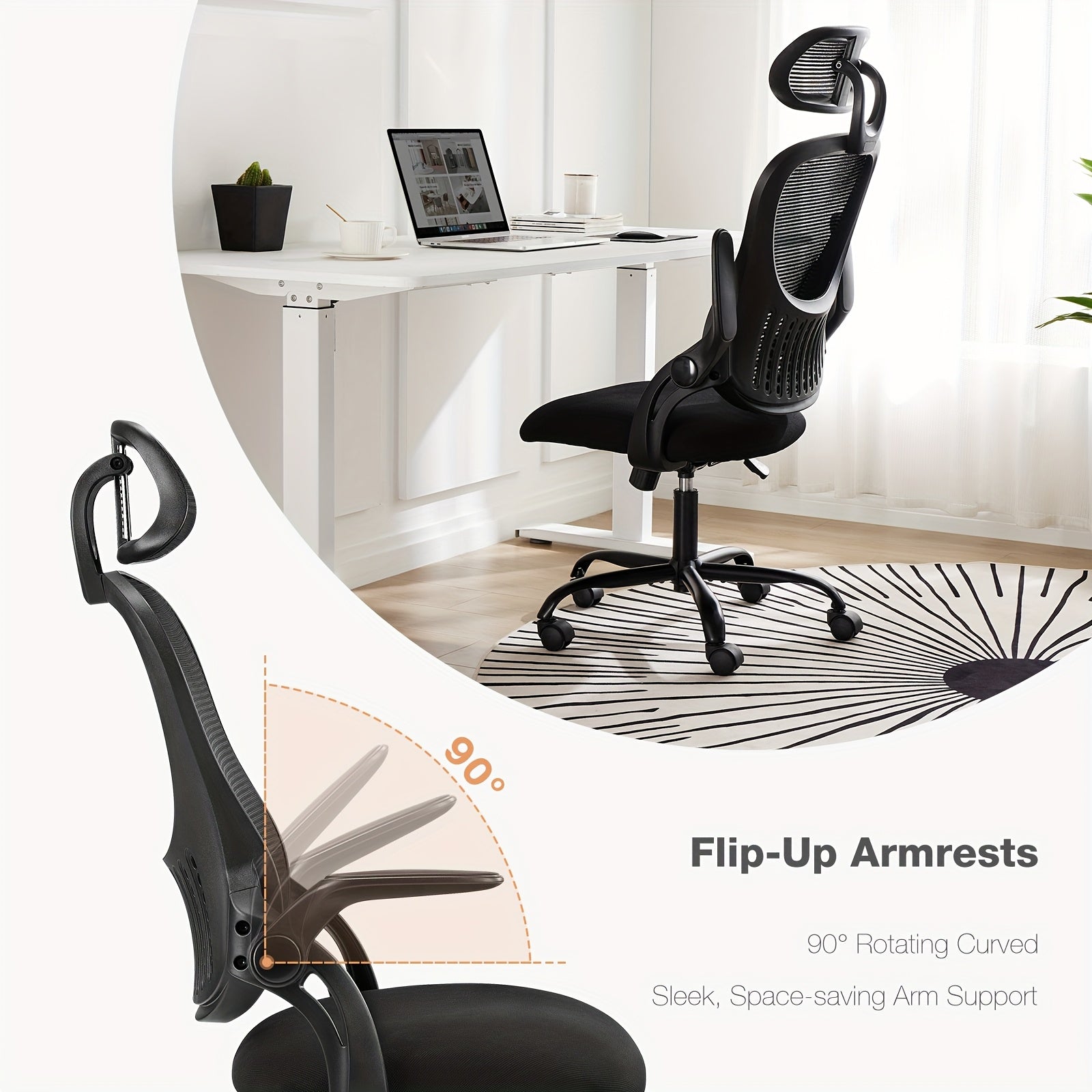 OLIXIS Ergonomic Office Desk Computer Chair, High Back Comfy Swivel Home Gaming Mesh Chairs with Wheels, Adjustable Headrest, Comfortable Lumbar Support, Flip-up Arms, 144° Tilt for Study