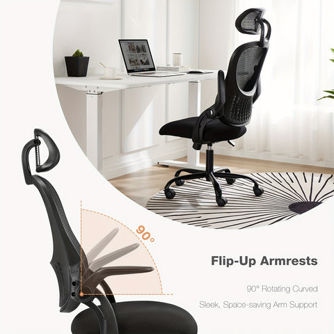 OLIXIS Ergonomic Office Desk Computer Chair, High Back Comfy Swivel Home Gaming Mesh Chairs with Wheels, Adjustable Headrest, Comfortable Lumbar Support, Flip-up Arms, 144° Tilt for Study