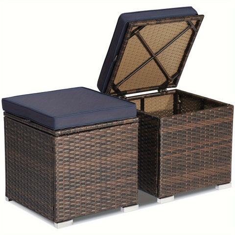 2PCS Patio Rattan Ottomans Seat Side Table Storage Box