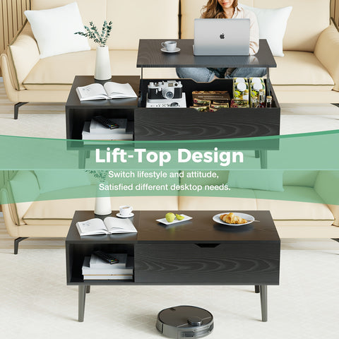 Lift Top Coffee Tables for Living Room, Small Rising Wooden Dining Center Tables with 2 Open Shelves and Hidden Storage Cabinet