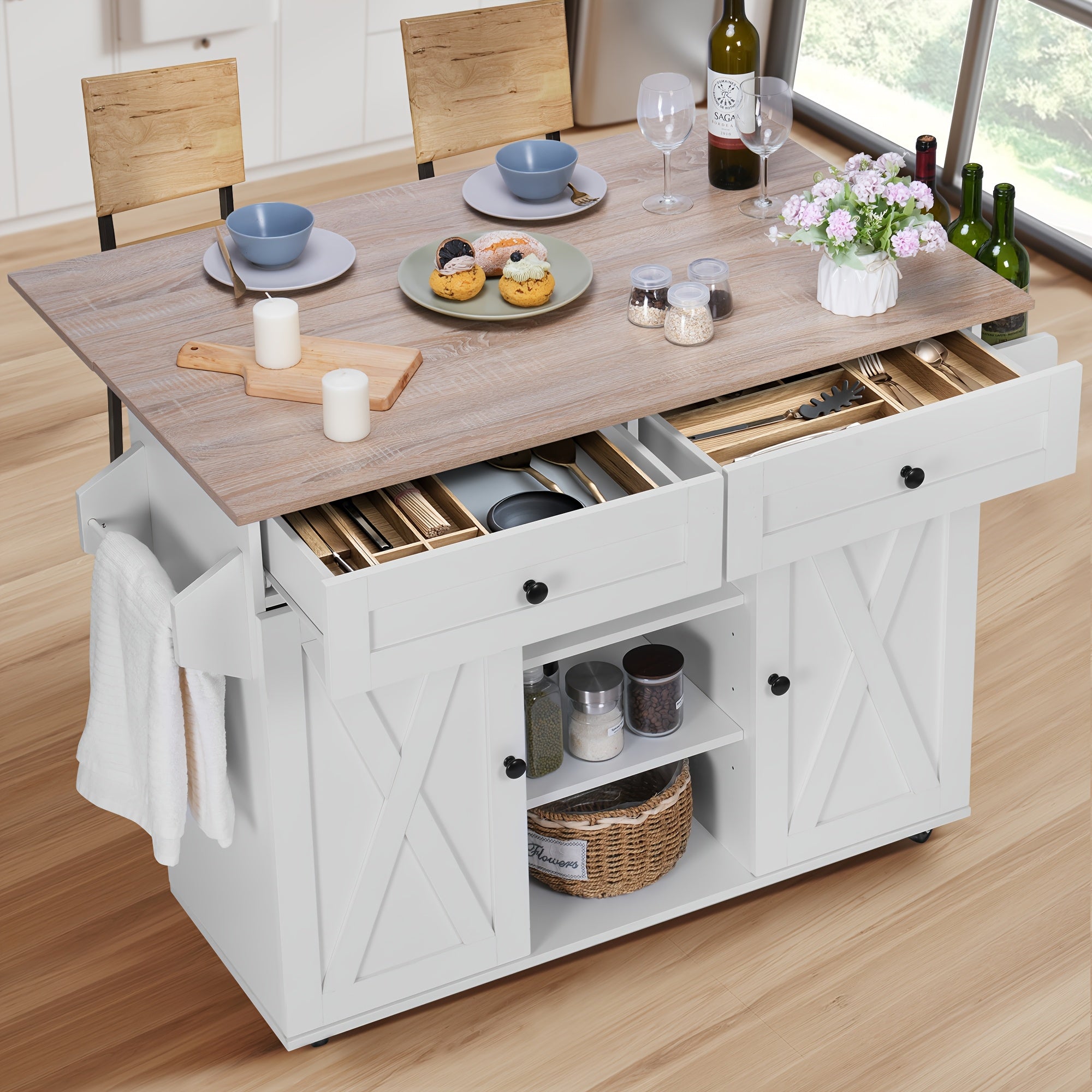 Multi Functional Wooden Folding Dining Table With Storage Rack And Cabinets, Movable Foyer Table, 6 Wheels, White Marble Kitchen Island, Side Table And Coffee Table, Multifunctional Space Saving