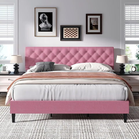 Elegant Grey Linen Upholstered Bed Frame with Tufted Headboard