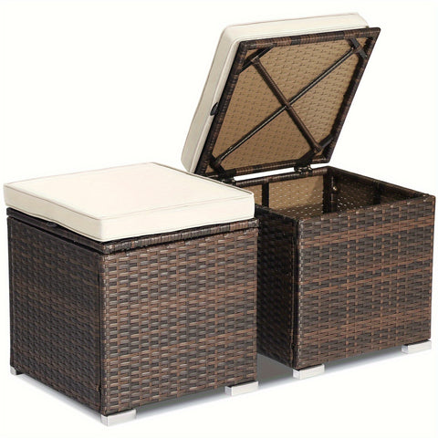 2PCS Patio Rattan Ottomans Seat Side Table Storage Box