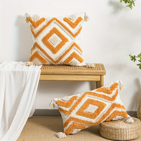 1 Vintage-Inspired Orange & White Geometric Tufted Pillow Cover
