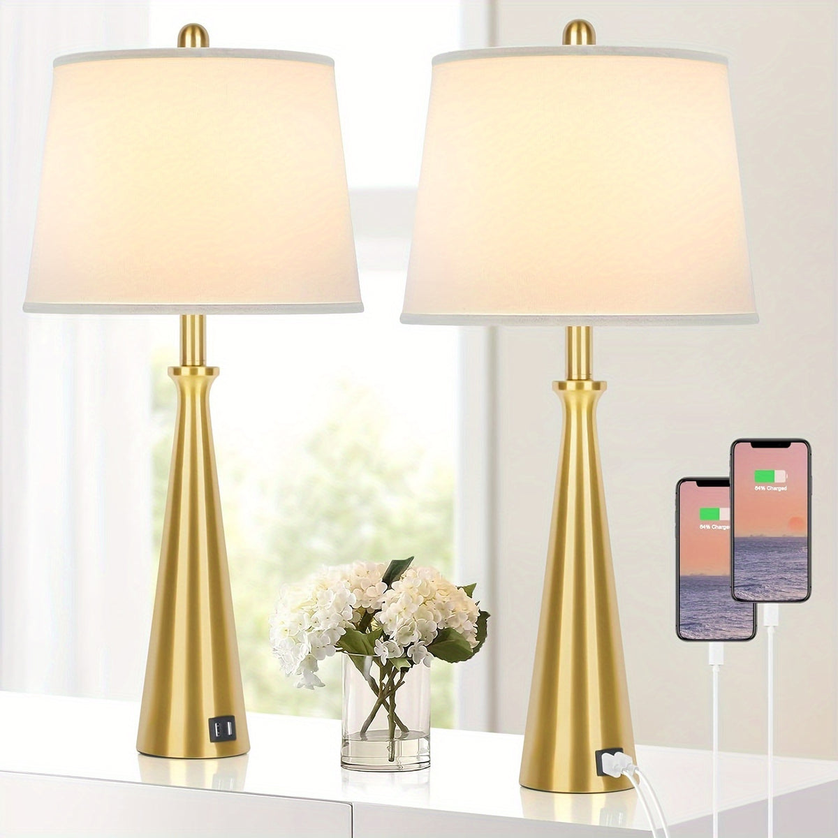 Set Of 2 Table Lamps With 2 USB Charging Ports