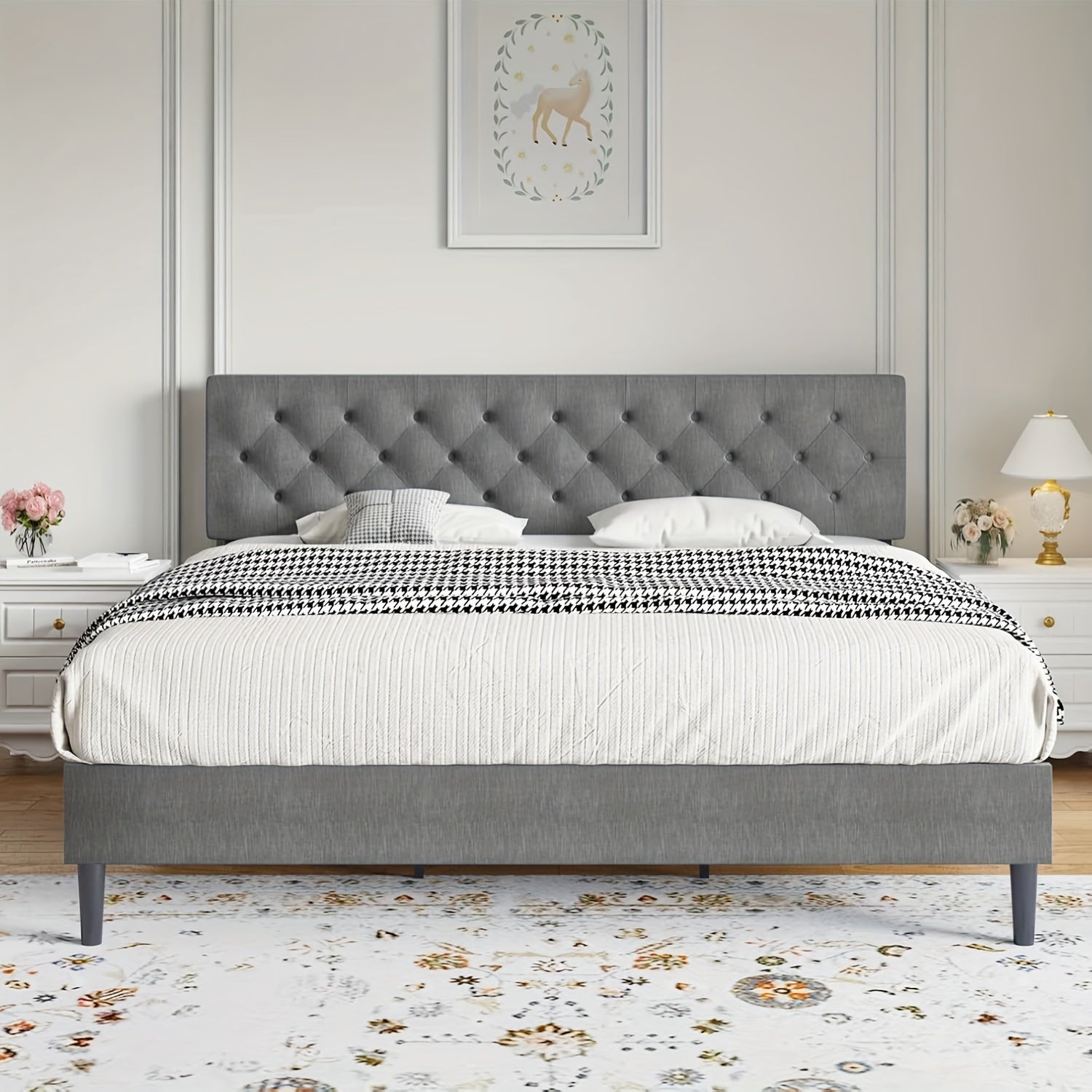 Elegant Grey Linen Upholstered Bed Frame with Tufted Headboard