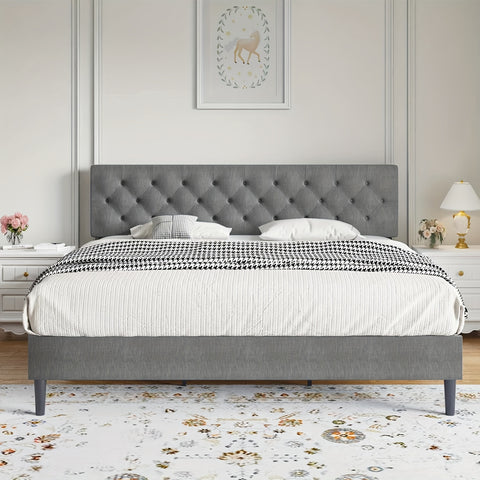 Elegant Grey Linen Upholstered Bed Frame with Tufted Headboard