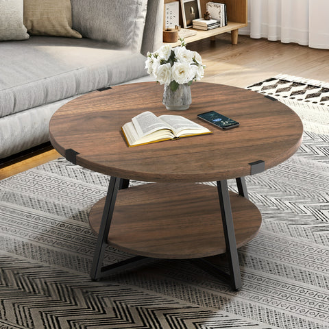 1pc Round Coffee Table With 2-Tier Storage Shelves