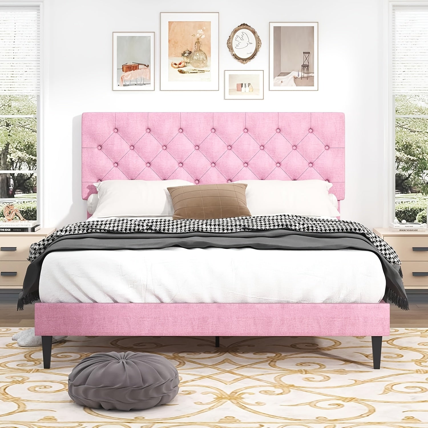 Elegant Grey Linen Upholstered Bed Frame with Tufted Headboard