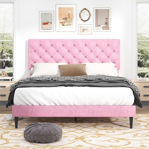 Elegant Grey Linen Upholstered Bed Frame with Tufted Headboard