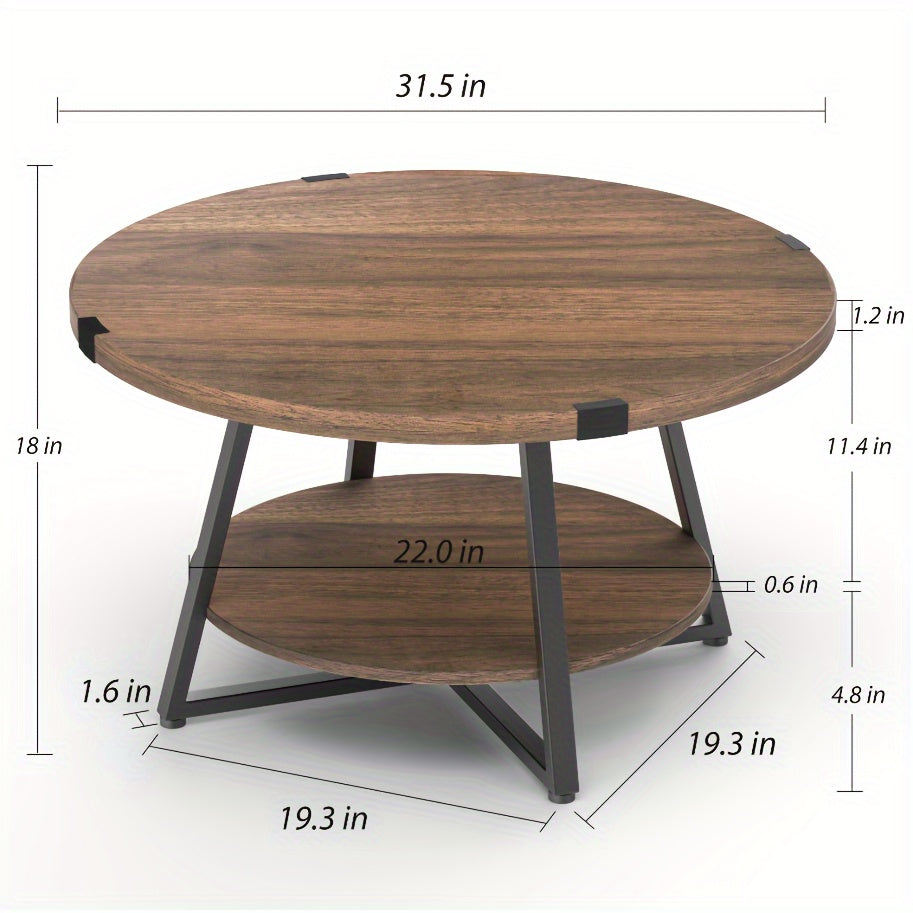 1pc Round Coffee Table With 2-Tier Storage Shelves