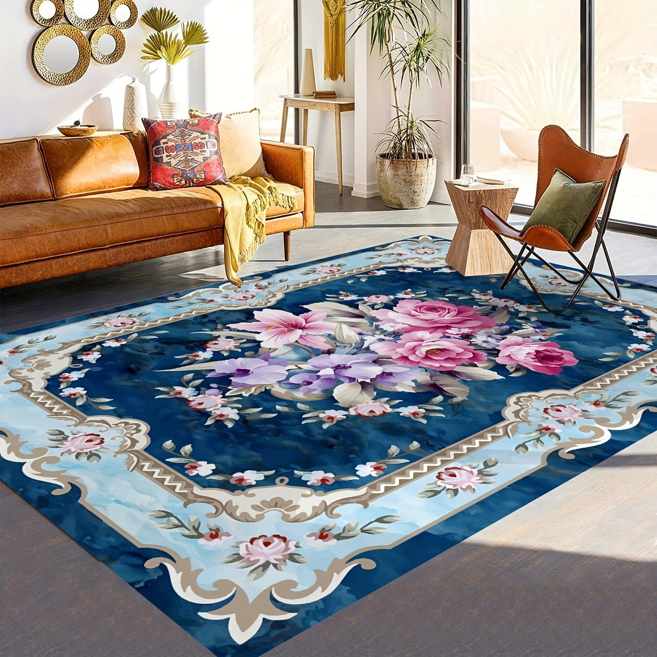 1pc Persian Floral Print Area Rug -