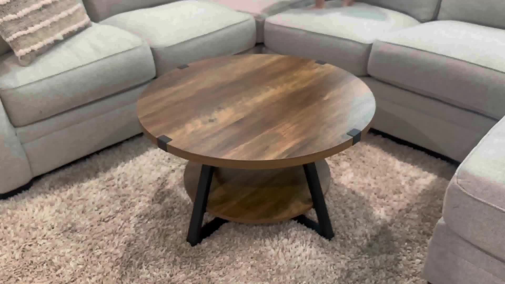 1pc Round Coffee Table With 2-Tier Storage Shelves