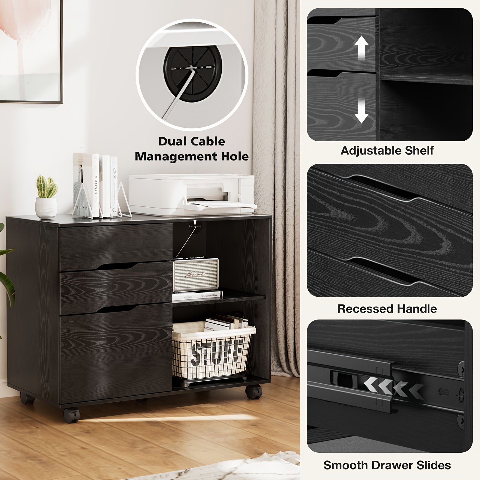 [Small Space Lateral Storage Shelves] 3 Drawer File Cabinet Mobile Lateral Printer Stand with Adjustable Storage Shelves for Home Office Small Space